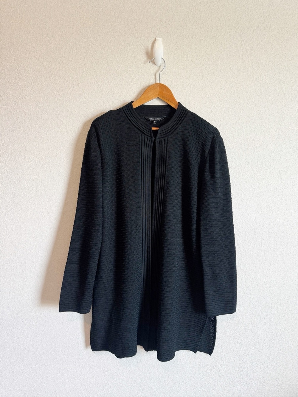 Ming Wang Black Subtle Stripe Ribbed Open Knit Cardigan Jacket Size XL